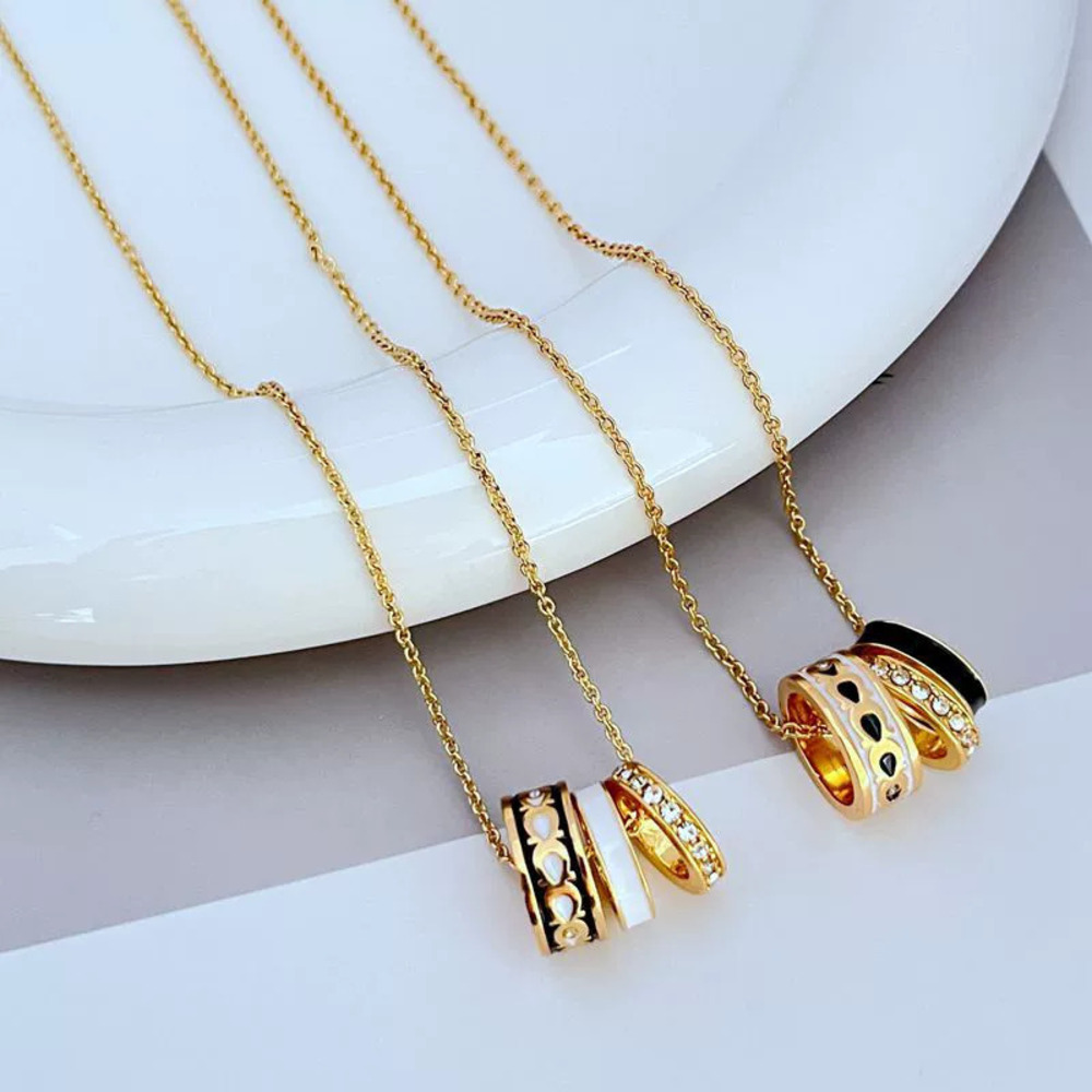Coach Rhinestone Enamel Geometric Three Rings Metal Necklace